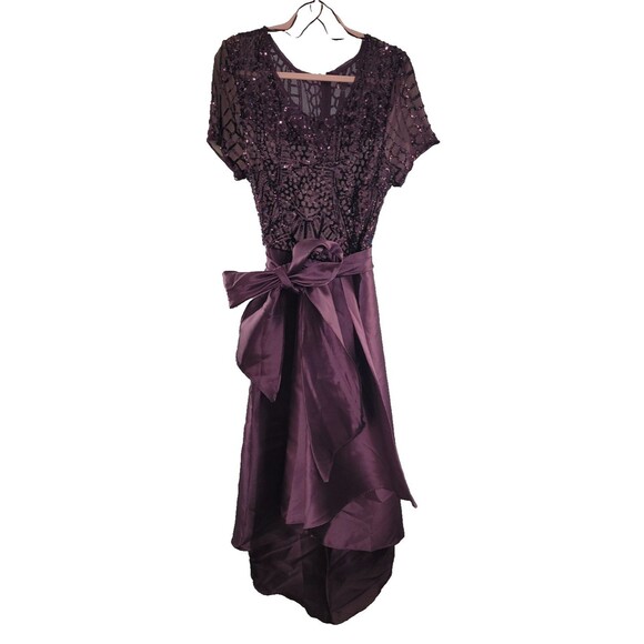R&M Richards Womens 16 Plum Sequin Lace Formal Dress Hi Low Satin Skirt Gown - Picture 6 of 14